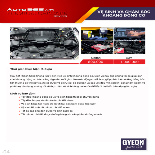Bảng giá VỆ SINH KHOANG MÁY chăm sóc xe hơi chuyên nghiệp tại Auto365